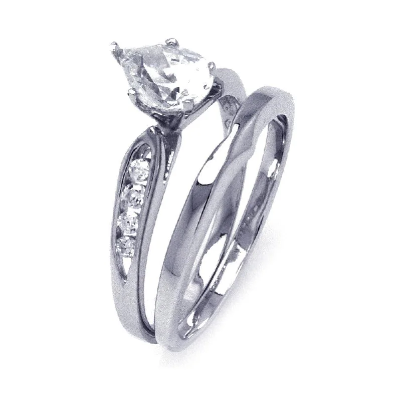 Ladies rings social media trends-Silver 925 Rhodium Plated Clear Teardrop CZ Bridal Ring Set - STR00843