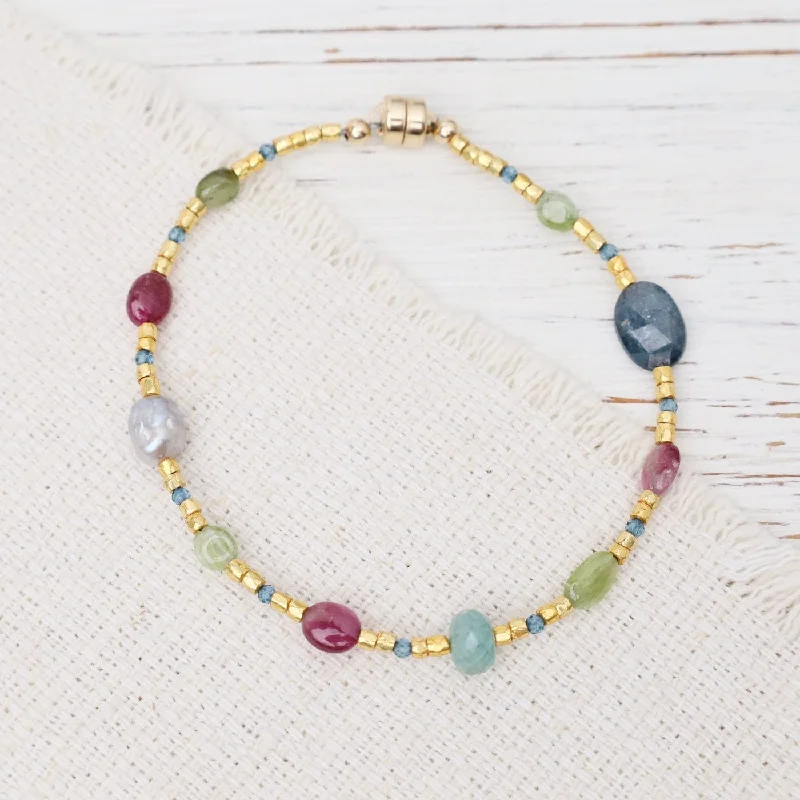 Ladies bracelets Christmas designs-Single Strand Gold Glass Tourmaline Mix Magnetic Bracelet