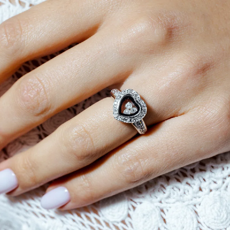 Ladies rings custom options-Silver 925 Rhodium Plated Black Outlined Heart CZ Ring - STR00002