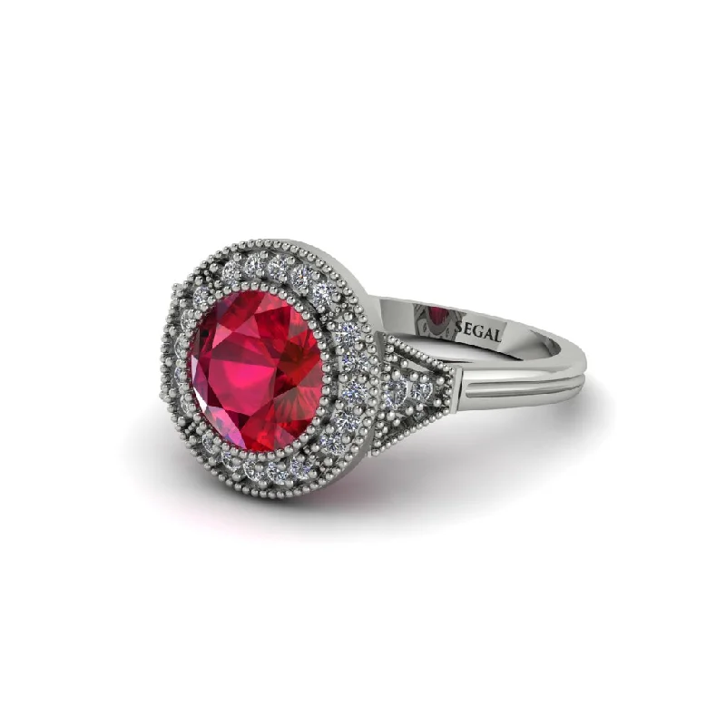 Ladies engagement rings colorful stones-Round Cut Ruby Milgrain Halo Engagement Ring - Maggie No. 12