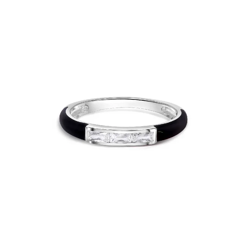 Ladies rings diamond details-Rhodium Plated 925 Sterling Silver Clear Black Enamel Baguette CZ 2.5mm Ring - BGR01373