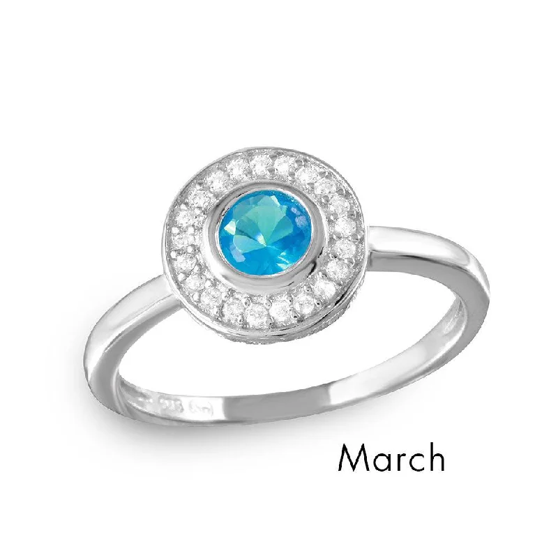 Ladies rings luxury picks-March Sterling Silver 925 Rhodium Plated CZ Center Birthstone Halo Ring - BGR01082MAR