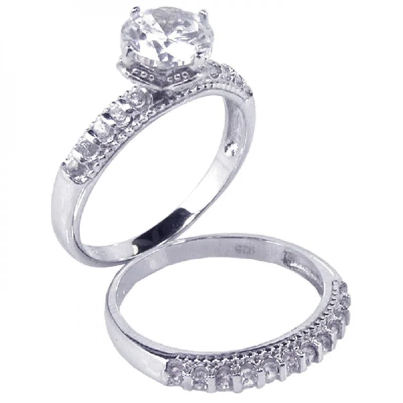 Ladies rings stacking trends-Silver 925 Rhodium Plated Clear Round CZ Bridal Ring Set - STR00388