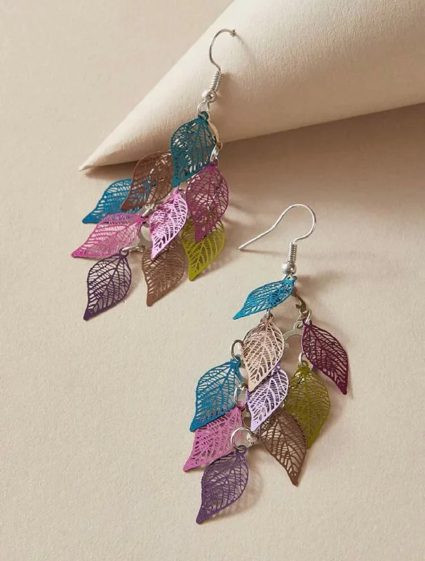 Ladies rings social media trends-Beautiful Purple and Green Leaf Tassel Earrings