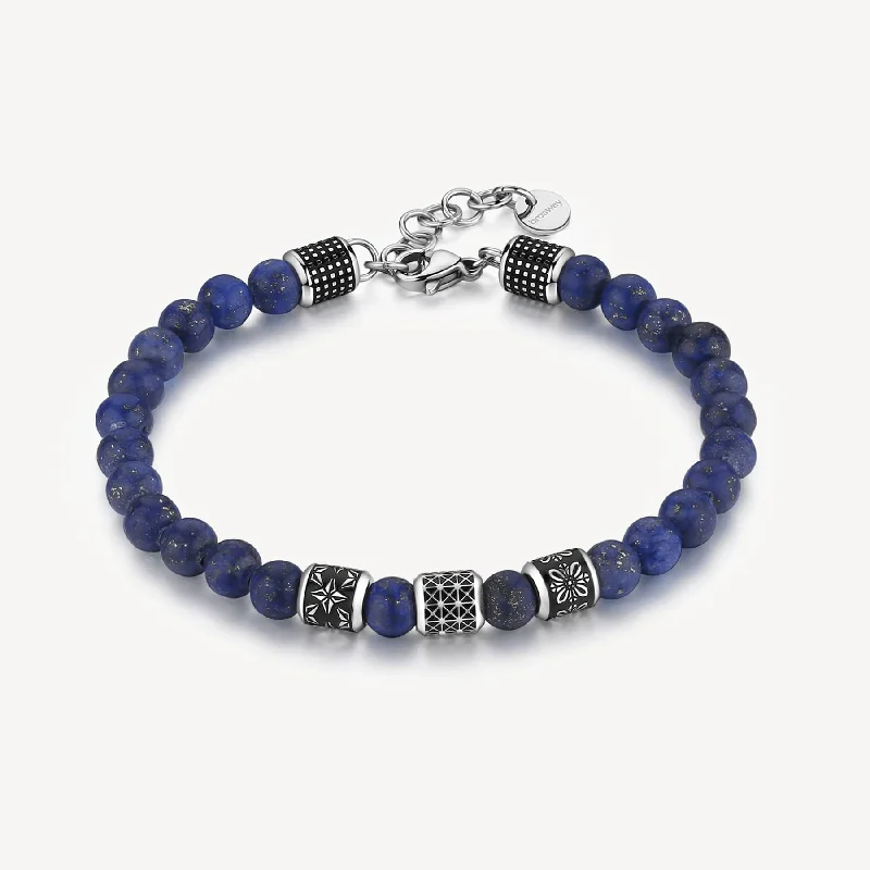 Ladies bracelets bangle designs-Stainless Steel and Lapis Bead Bracelet