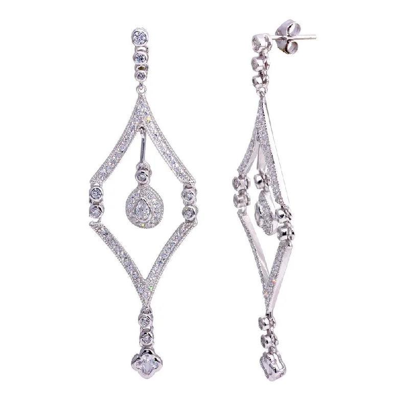 Ladies rings handmade crafts-Silver 925 Rhodium Plated Clover and Teardrop CZ Square Open Chandelier Dangling Post Earrings - STE00396