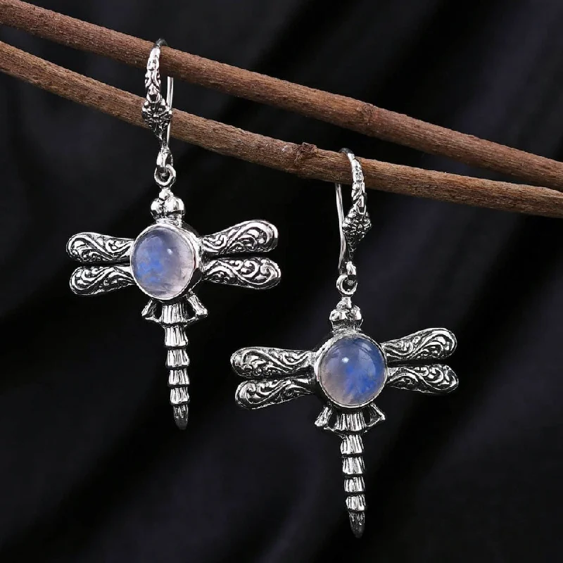 Ladies rings customer reviews-Rainbow Moonstone Dragonfly Earrings