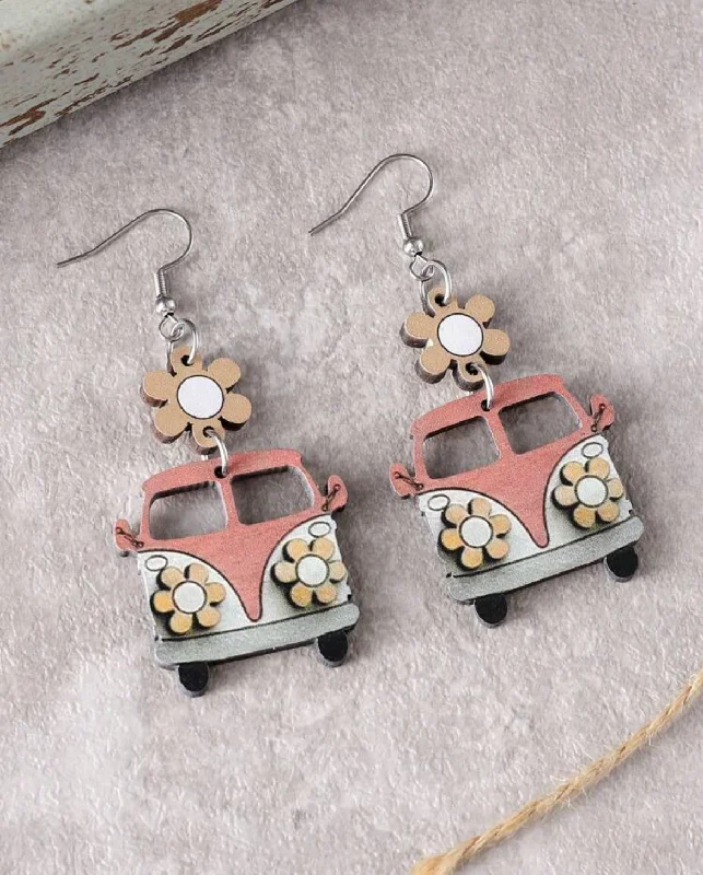 Ladies rings lightweight picks-Vintage Pink and Orange Flower School Bus Earrings