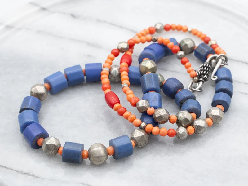 Mixed Era Blue Glass, Coral, Sterling Silver African Trade Beaded Necklace