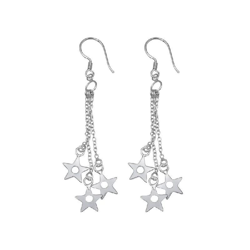 Ladies rings fashion trends-Silver 925 Rhodium Plated Three Wire Dangling Open Stars Hook Earrings - DSE00014