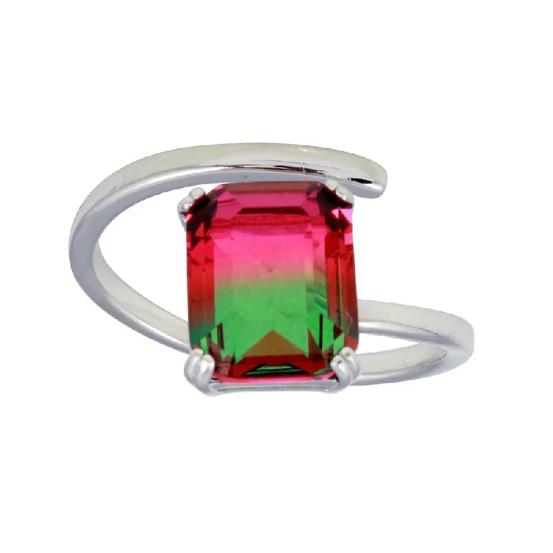 Ladies rings natural gems-Rhodium Plated 925 Sterling Silver Rectangle Open Shank Green to Red Gradient CZ Ring - STR01108