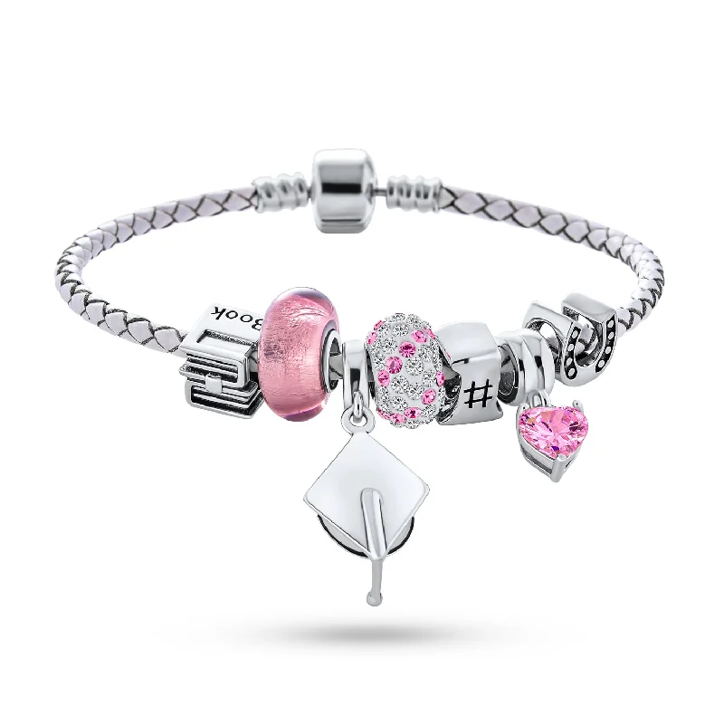 Ladies bracelets group styles-Graduation Cap Charm Bracelet with Crystal Beads and Sterling Silver Clasp