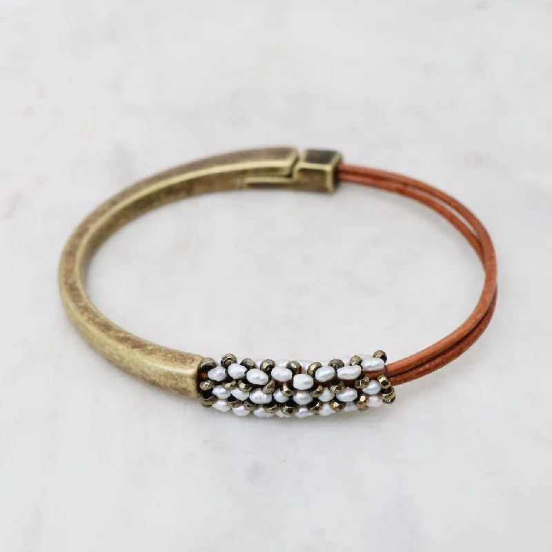 Ladies bracelets 2025 trends-Hand Stitched Tiny Rice Pearls & Pyrite Leather 1/2 Cuff Bracelet