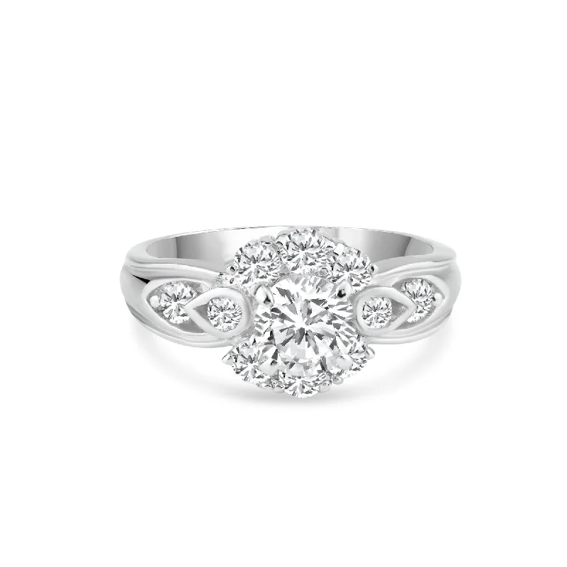 Ladies rings mature styles-Silver 925 Rhodium Plated Clear Center and Cluster CZ Flower Ring - BGR00729