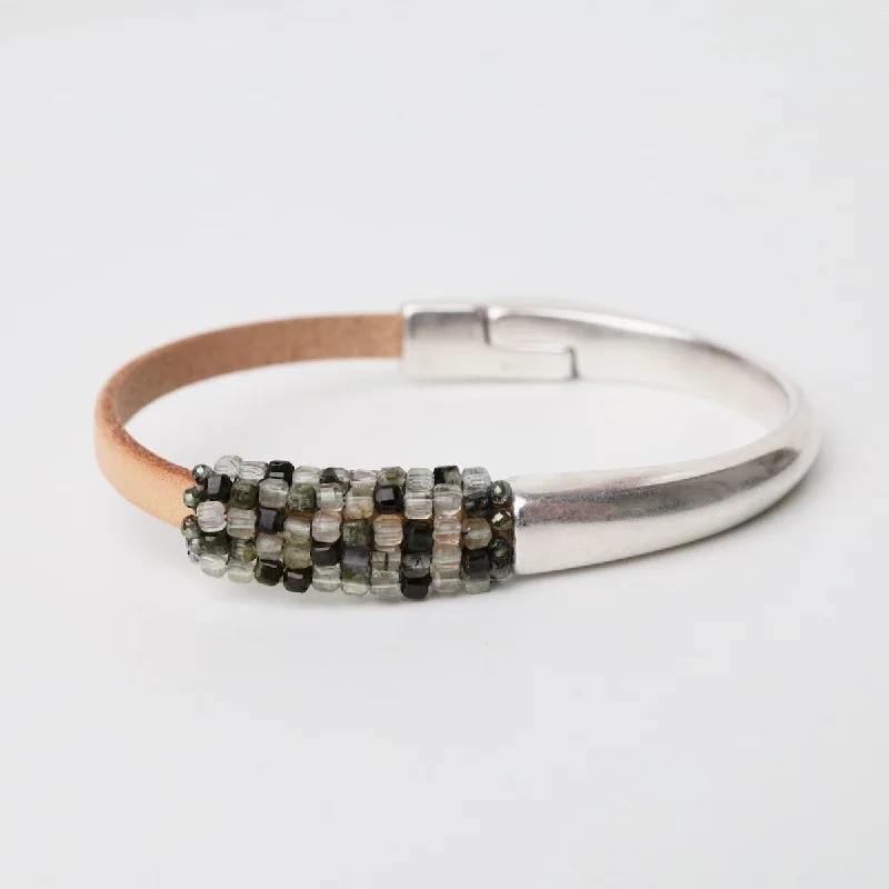 Ladies bracelets bangle designs-Green Amethyst Leather & Half Silver Cuff Bracelet