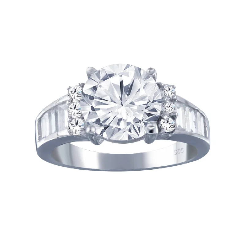 Ladies rings office elegance-Rhodium Plated 925 Sterling Silver Clear Baguette Round Center Center CZ Bridal Ring - BGR00389