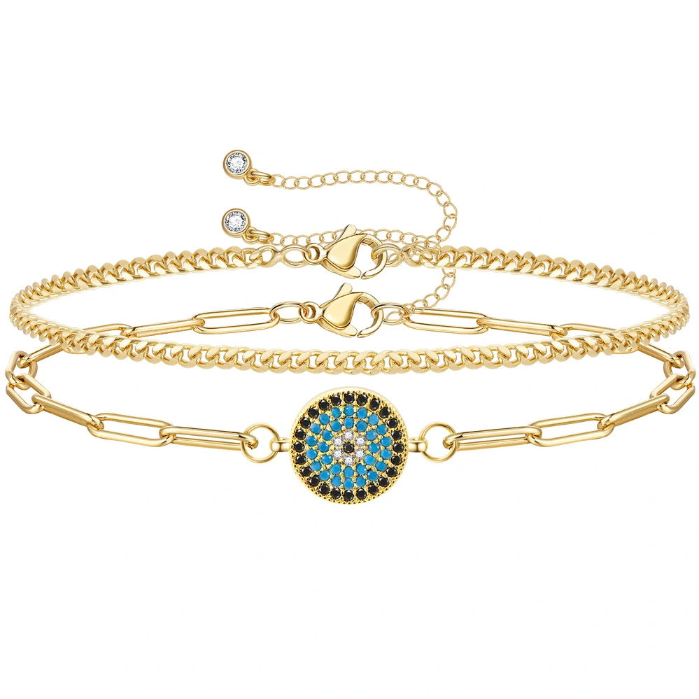 Ladies bracelets punk flair-14k Gold Plated Dainty Layered Evil Eye Bracelets- Round eye & Cuban