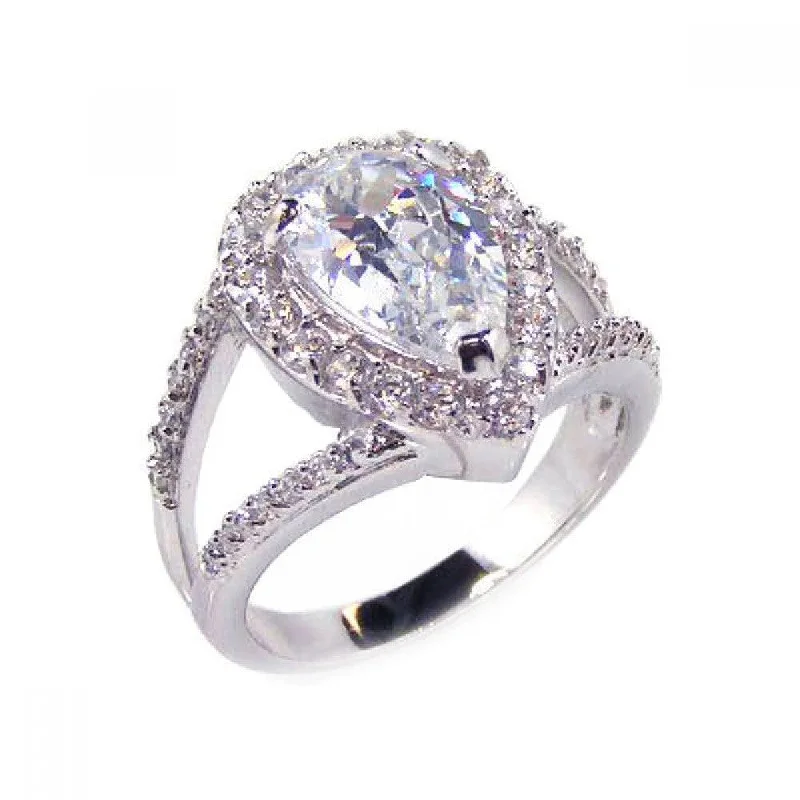 Ladies rings birthday surprises-Silver 925 Rhodium Plated Clear Tear Shape CZ Bridal Antique Ring - BGR00084