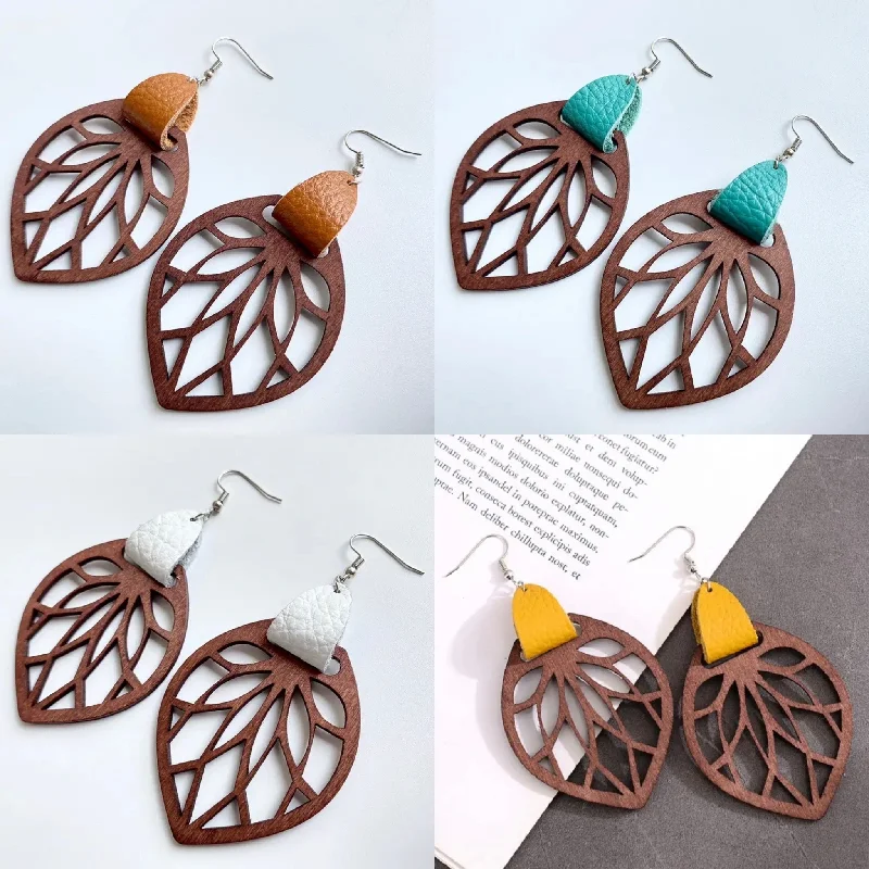 Ladies rings geometric shapes-Genuine Leather Wrap Cutout Wood Leaf Drop Earrings