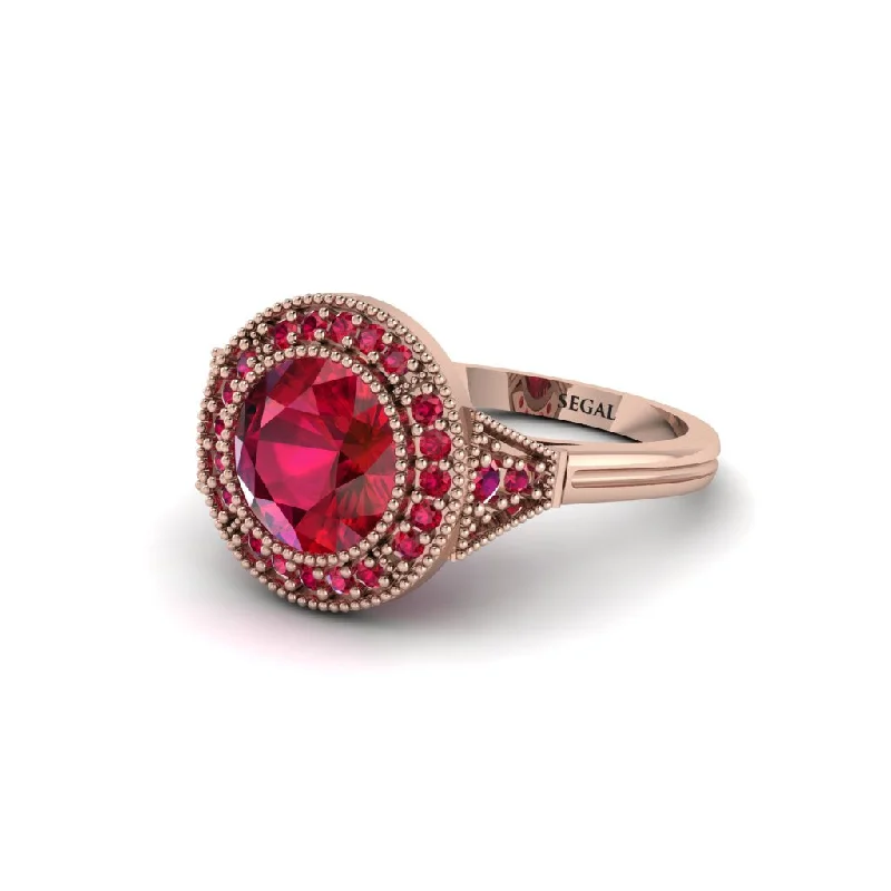 Ladies engagement rings white gold-Round Cut Ruby Milgrain Halo Engagement Ring - Maggie No. 56