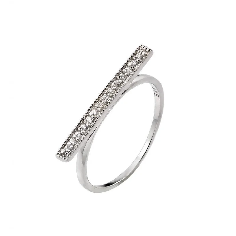 Ladies rings diamond details-Silver 925 Rhodium Plated Channel Clear CZ Bar Ring - STR00989