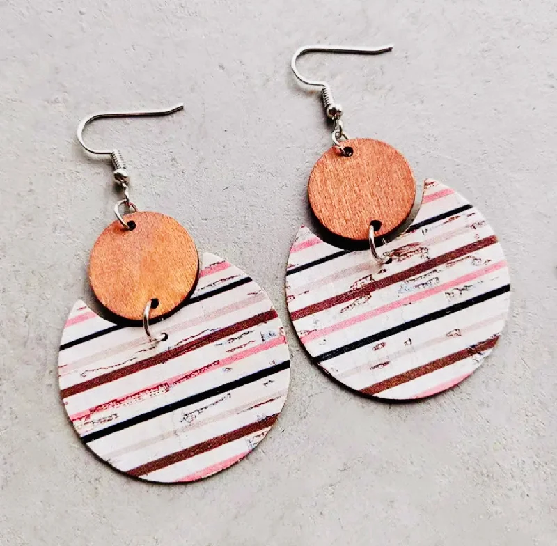 Ladies rings girlfriend surprises-Pink Striped Wood and Cork Earrings