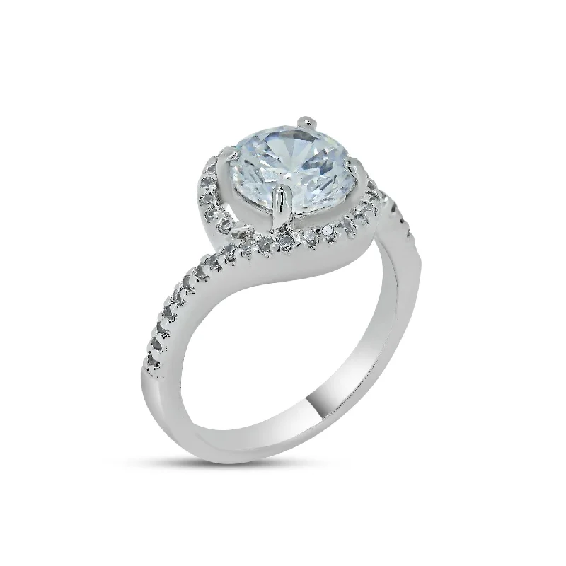 Ladies rings viral picks-Rhodium Plated 925 Sterling Silver Clear Round Center CZ Bridal Ring - BGR00366