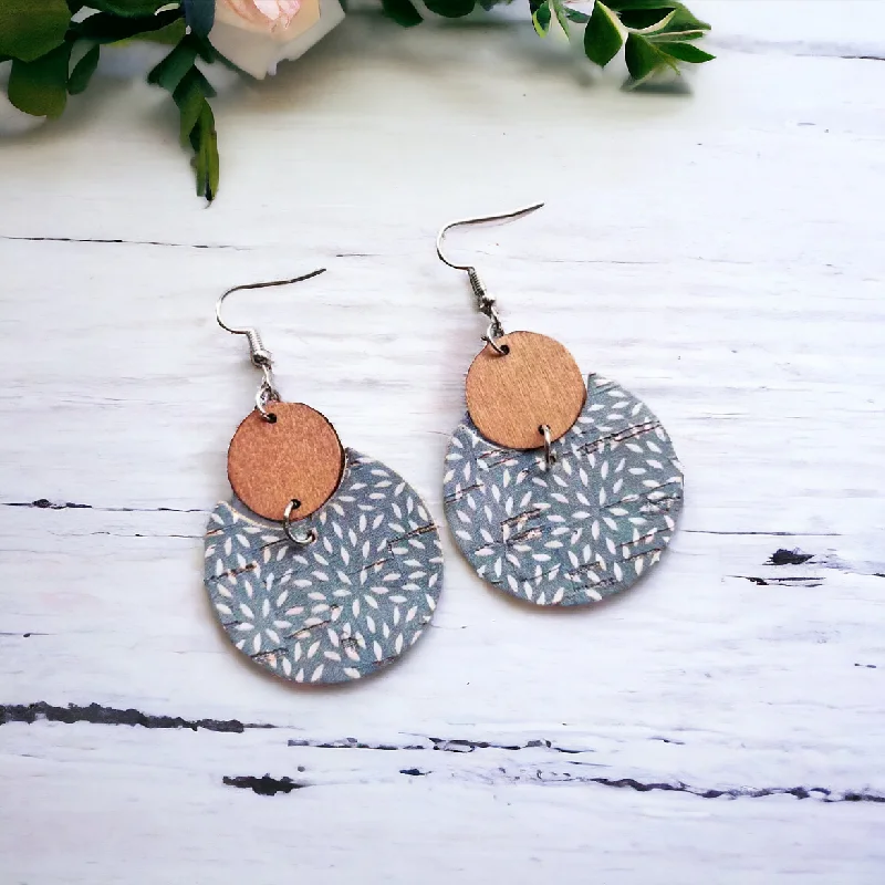 Ladies rings thumb designs-Round Air Force Blue Wood and Cork Earrings