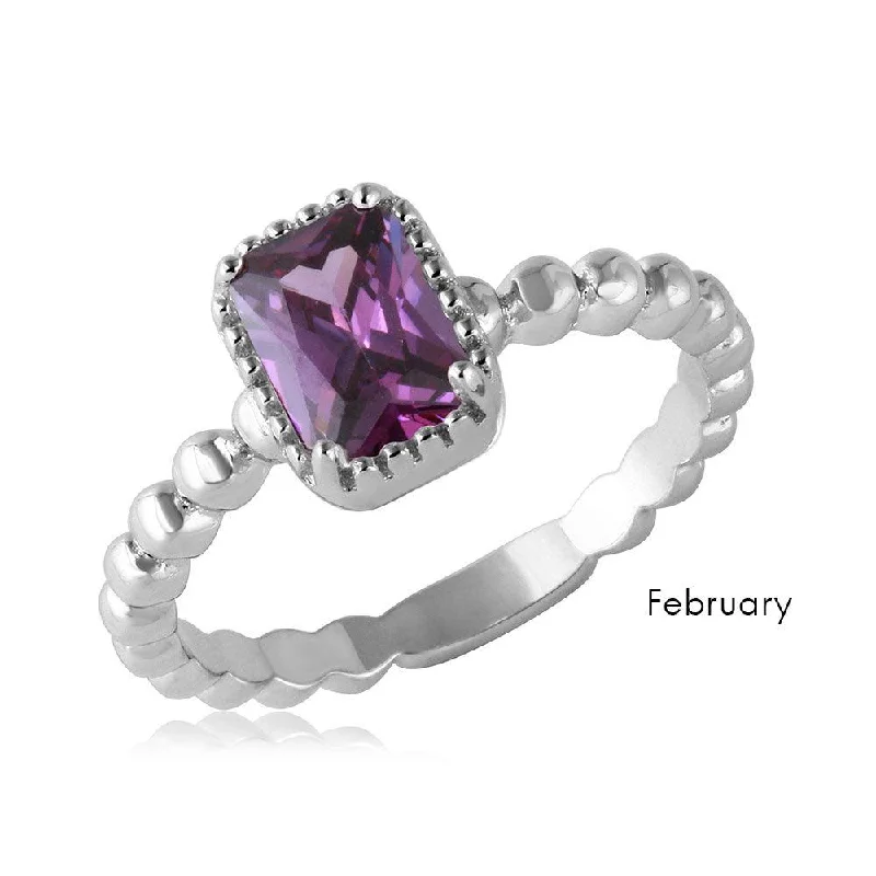 Ladies rings anniversary styles-February Sterling Silver 925 Rhodium Plated Beaded Shank Square Center Birthstone Ring - BGR01081FEB