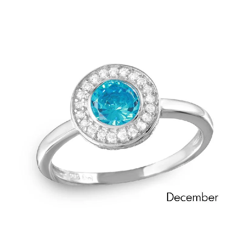 Ladies rings floral designs-December Sterling Silver 925 Rhodium Plated CZ Center Birthstone Halo Ring - BGR01082DEC