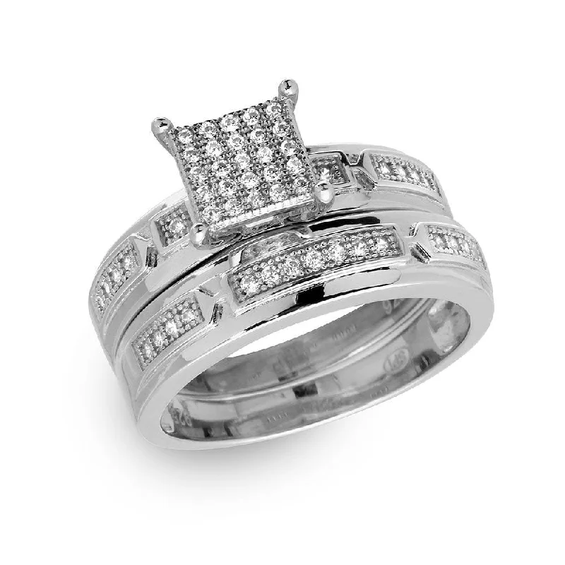 Ladies rings ring finger-Silver 925 Rhodium Plated Square Pave Center Trio Bridal Ring - GMR00168