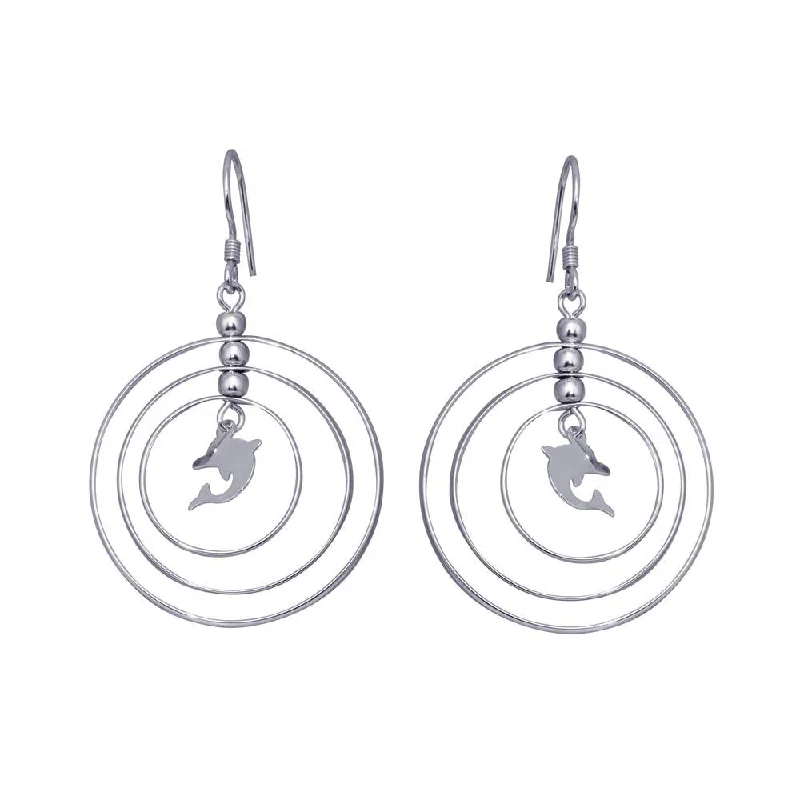 Ladies rings Asian designs-Silver 925 Rhodium Plated Open Graduated Circle Center Dolphin Dangling Hook Earrings - DSE00067