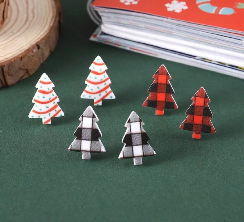 Ladies rings party wear-Set of 3 Christmas Tree Stud Earrings