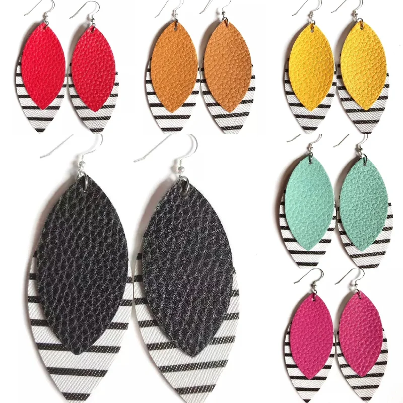 Ladies rings mature styles-Two Layered Colorful Striped Leather Earrings