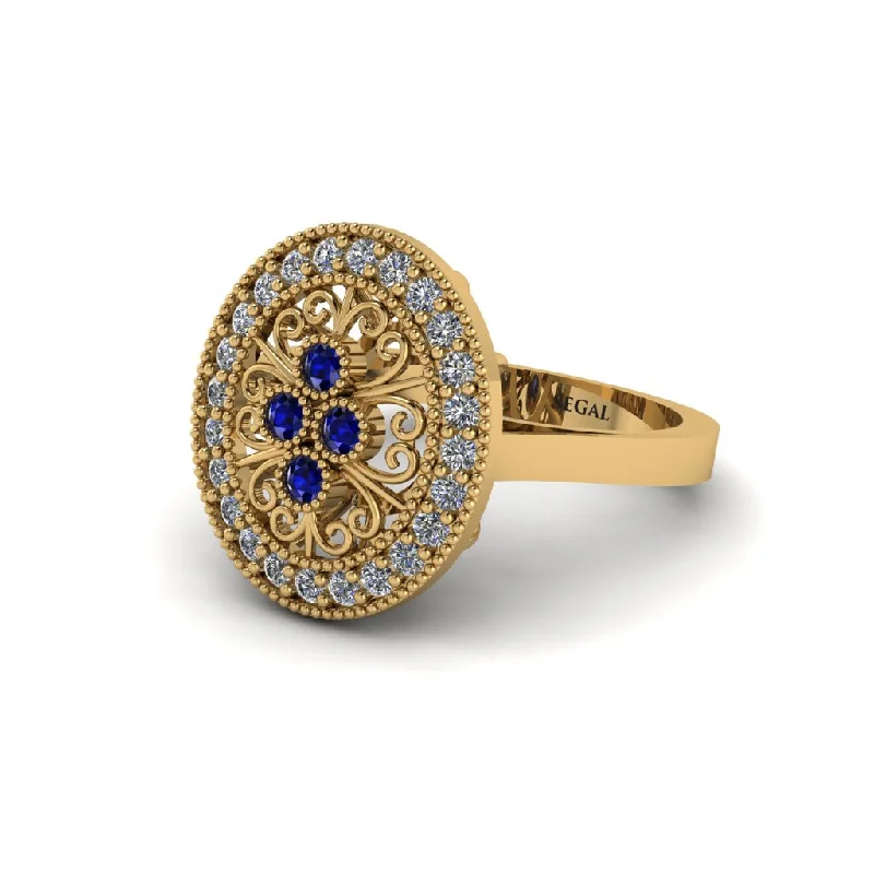 Ladies engagement rings twisted designs-Sapphire Vintage Victorian Floral Halo Engagement Ring - Nina No. 13