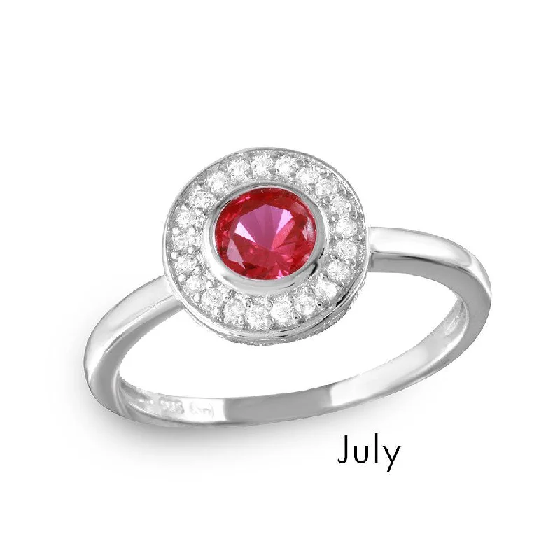 Ladies rings casual vibes-July Sterling Silver 925 Rhodium Plated CZ Center Birthstone Halo Ring - BGR01082JUL