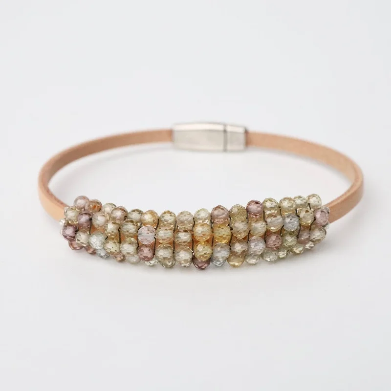 Ladies bracelets synthetic jewels-Pastel Zircon & Sterling Trim 3mm Leather Bracelet