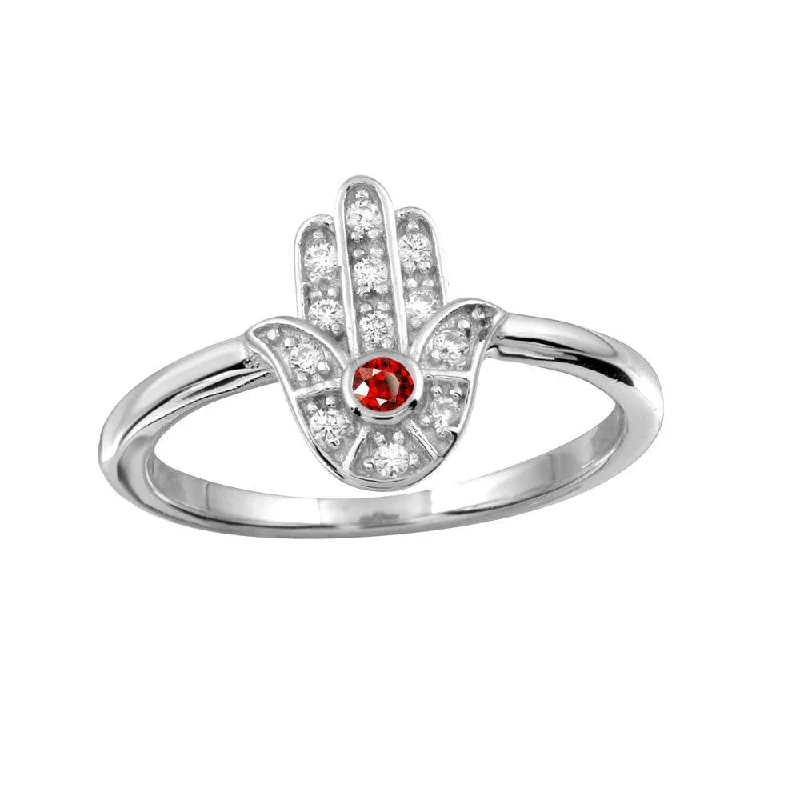 Ladies rings synthetic jewels-Rhodium Plated 925 Sterling Silver Red Hamsa Ring with CZ - BGR01131RED