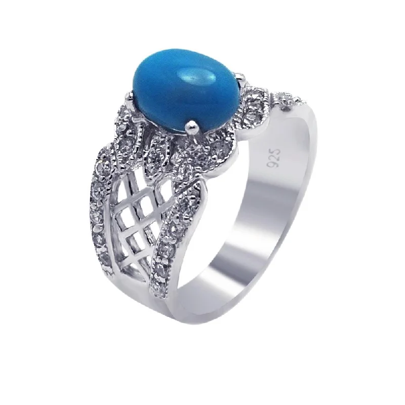 Ladies rings group styles-Silver 925 Rhodium Plated Turquoise Center Clear Pave Set CZ Filigree Ring - AAR0085