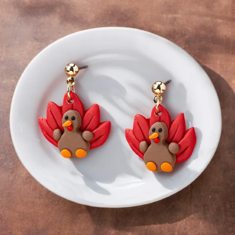 Ladies rings size guide-Adorable Polymer Clay Turkey Stud Drop Earrings