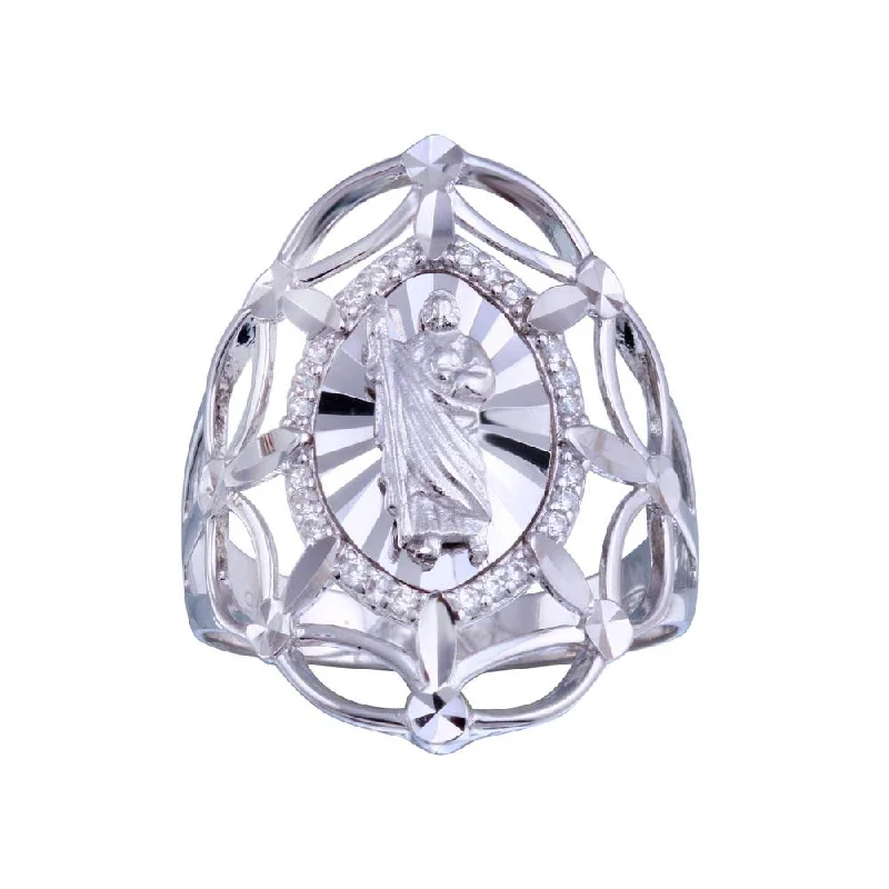 Ladies rings size guide-Rhodium Plated 925 Sterling Silver Saint Jude CZ Filigree Ring - GMR00339