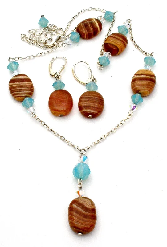 Sterling Silver Banded Agate Lavalier Necklace Set