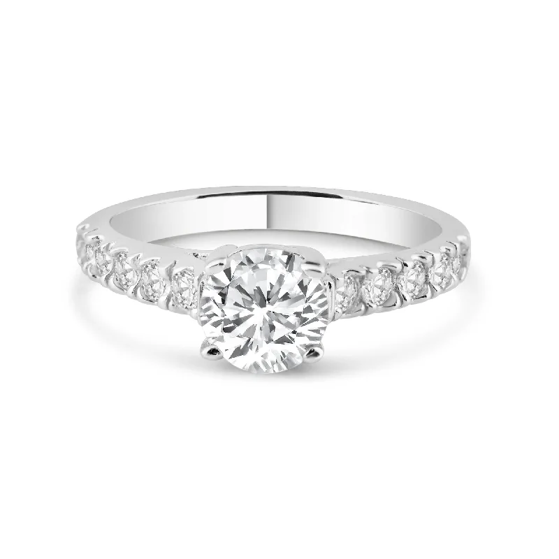 Ladies rings engraved names-Silver 925 Rhodium Plated Micro Pave Clear Round Center CZ Ring - ACR00005