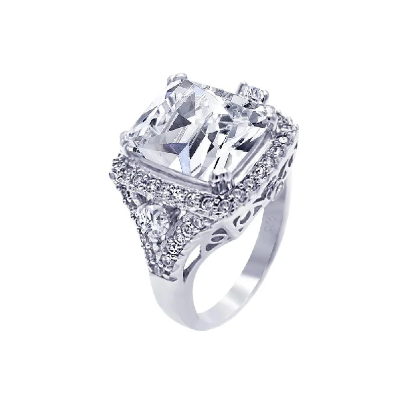 Ladies rings fashion trends-Silver 925 Rhodium Plated Pave Clear Square Center Cluster CZ Ring - ACR00029