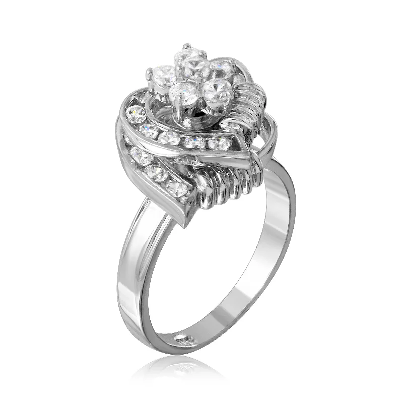 Clearance - Rhodium Plated 925 Sterling Silver Clear Flower 2 Row Hearts Fidgetting Clear CZ Ring - BGR00045