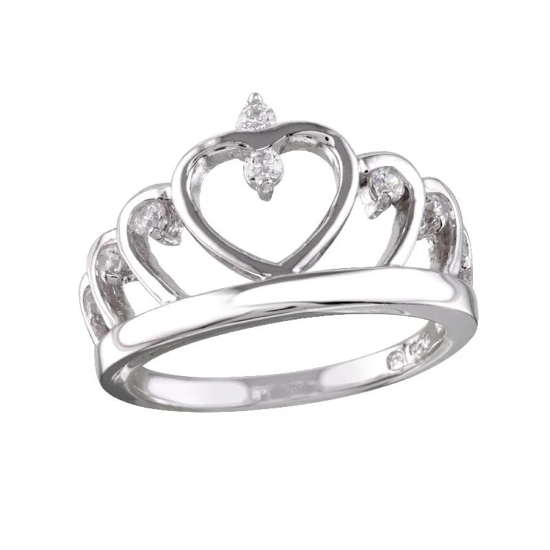 Ladies rings gift choices-Rhodium Plated 925 Sterling Silver Heart Crown Ring with CZ - BGR01160