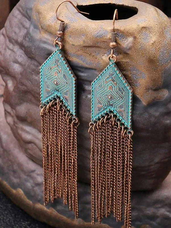 Ladies rings pinky styles-Turquoise and Bronze Metal Tassel Earrings