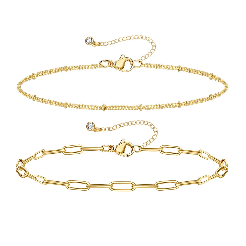 Ladies bracelets animal themes-Dainty 14k Gold Plated Layering Anklets Bracelets Set- Paperclip & Satellite