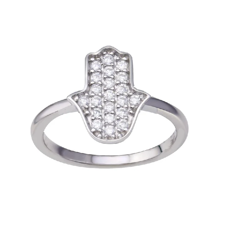 Ladies rings open patterns-Rhodium Plated 925 Sterling Silver Hamsa Clear CZ Ring - BGR01351