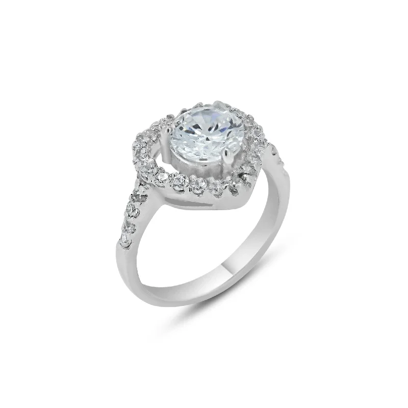 Ladies rings vintage appeal-Rhodium Plated 925 Sterling Silver Clear Center CZ Heart Bridal Ring - BGR00390